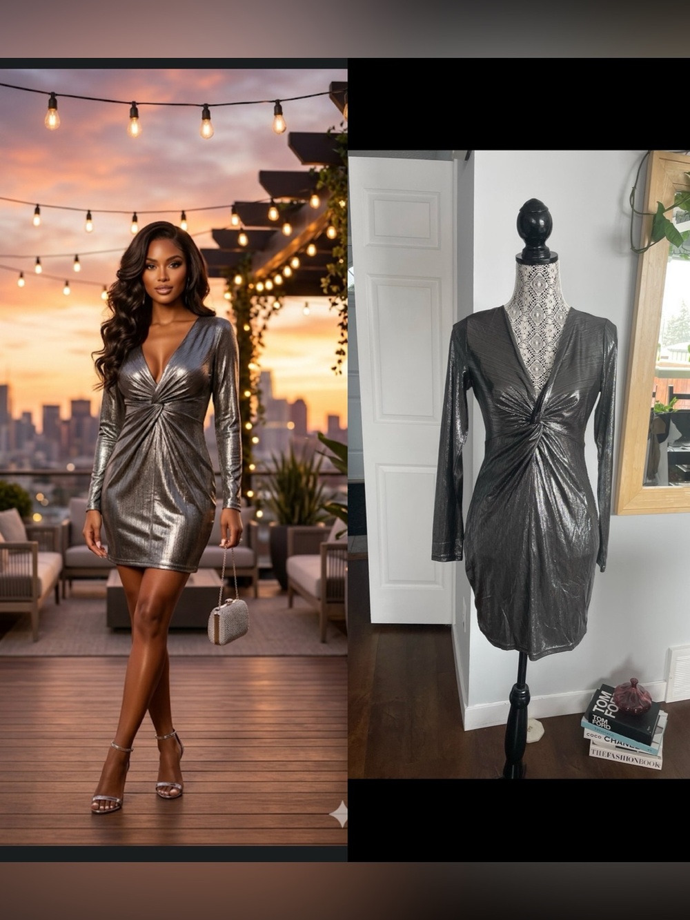 NWT Twist Front V-Neck Silver Metallic Party Dress. Stretchy. Small